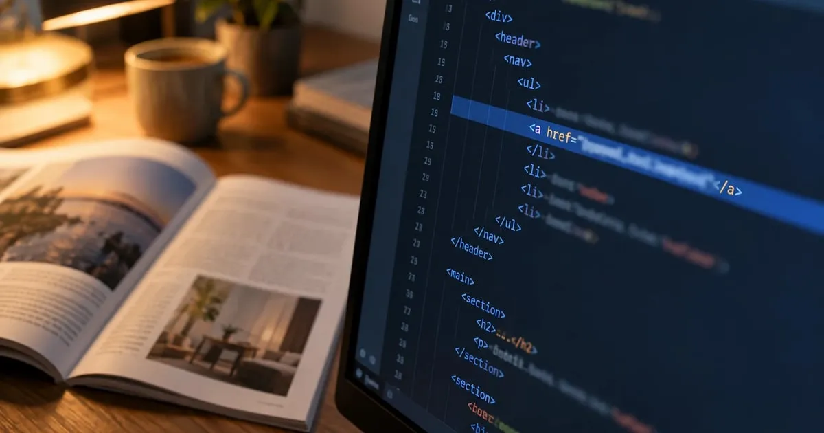 HTML-Quelltext mit hervorgehobenem Link-Tag auf einem Monitor, daneben ein aufgeschlagenes Magazin