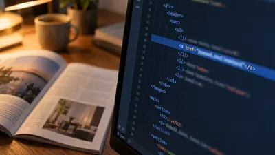 HTML-Quelltext mit hervorgehobenem Link-Tag auf einem Monitor, daneben ein aufgeschlagenes Magazin