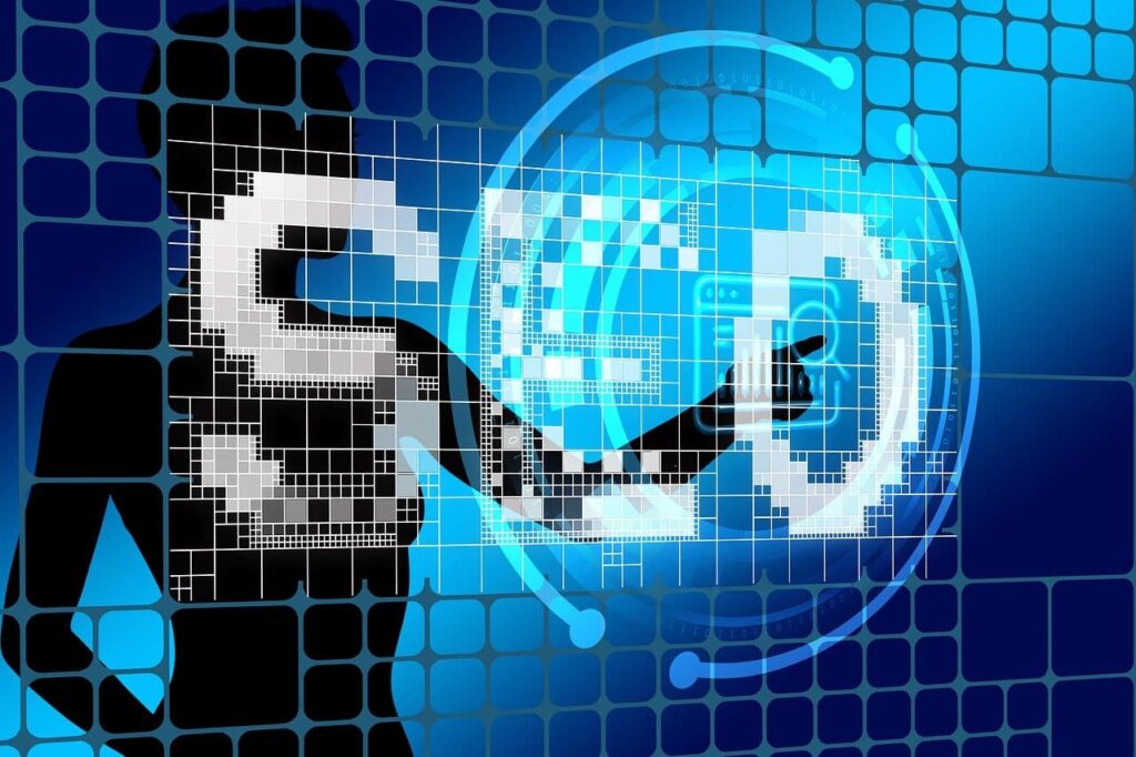 Künstliche Intelligenz zeigt auf den Schriftzug "SEO"